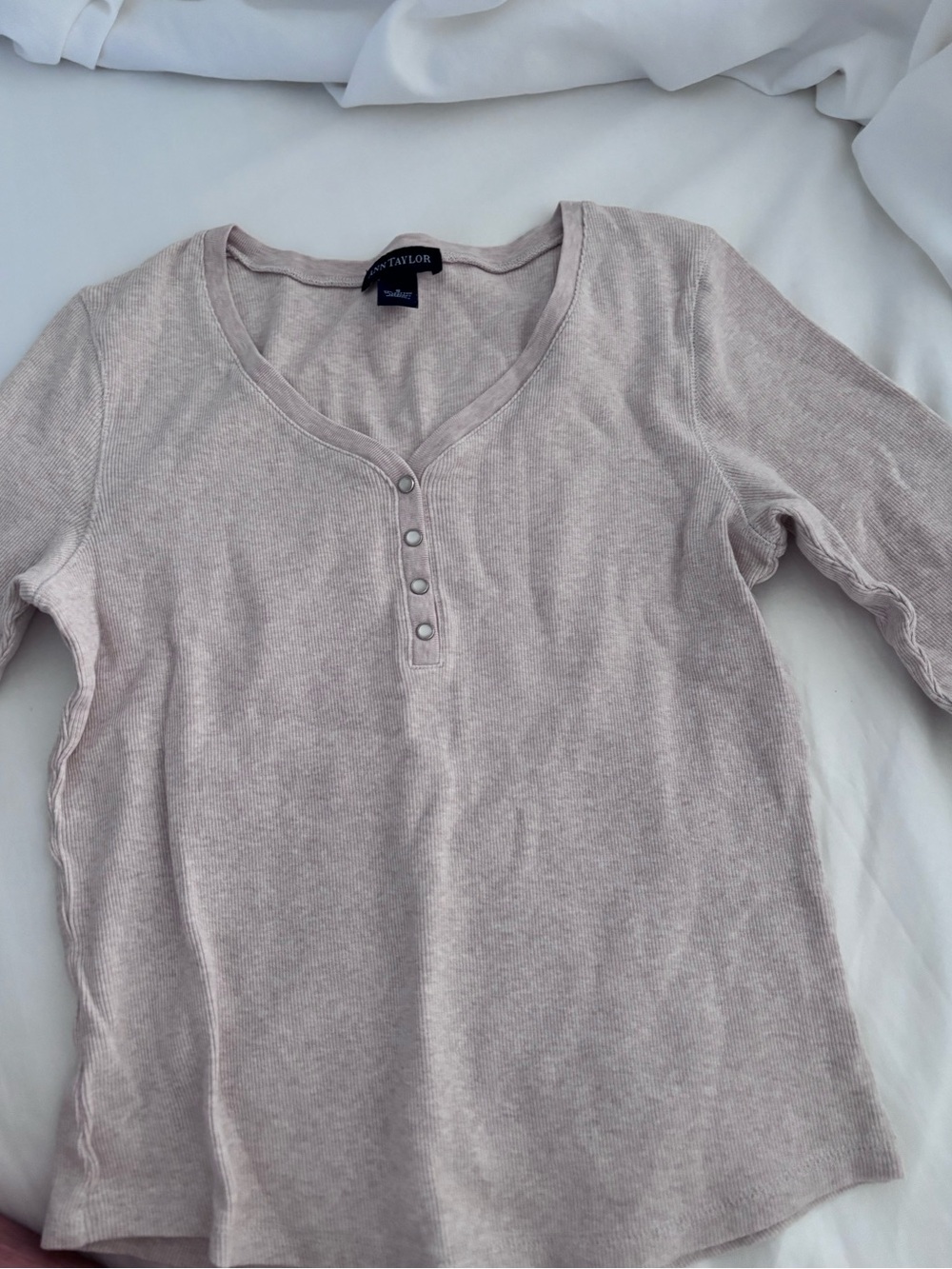 GAP Ribbed Henley Long Sleeve Top in Light Taupe
